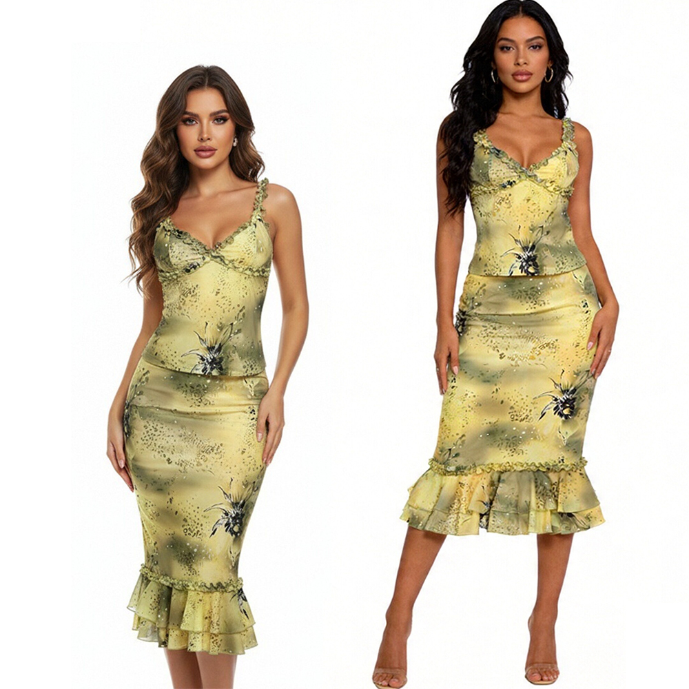 Midi Skirt Floral - Conjunto de Vestido de 2 Piezas