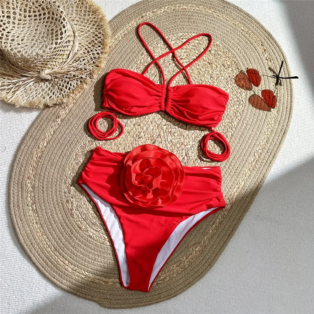 Traje de baño Sexy rojo con fl - Swimsuit Bikini Ruched reseña y precio
